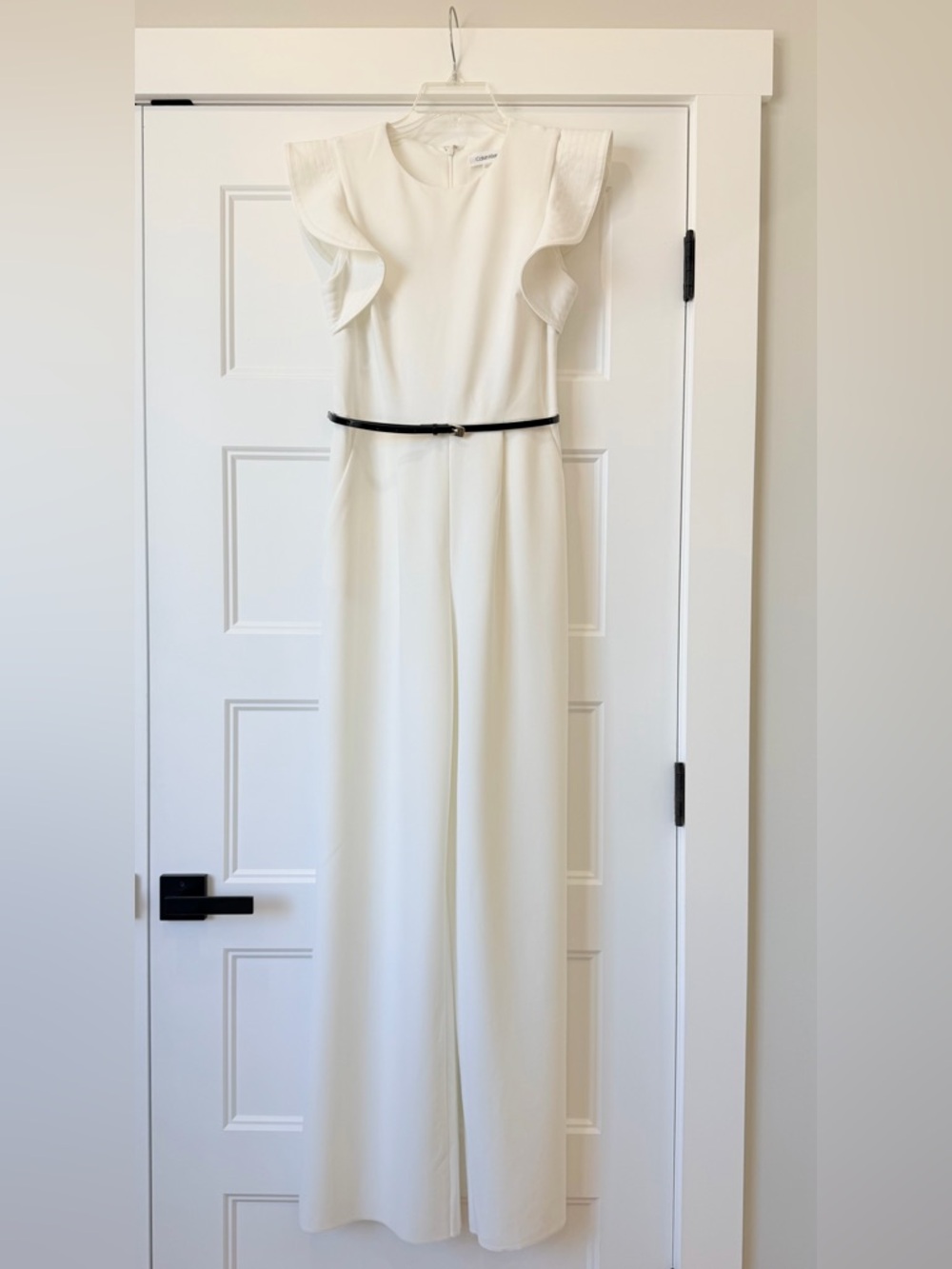 Calvin Klein Cream White Ruffle-Sleeve Jumpsuit with Slim Black Belt